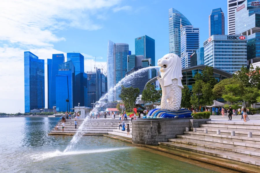 Singapore - December 4, 2016 : Merlion at Marina Bay, symbol of Singapore. It is  a mythical creature with lion head and body of fish.