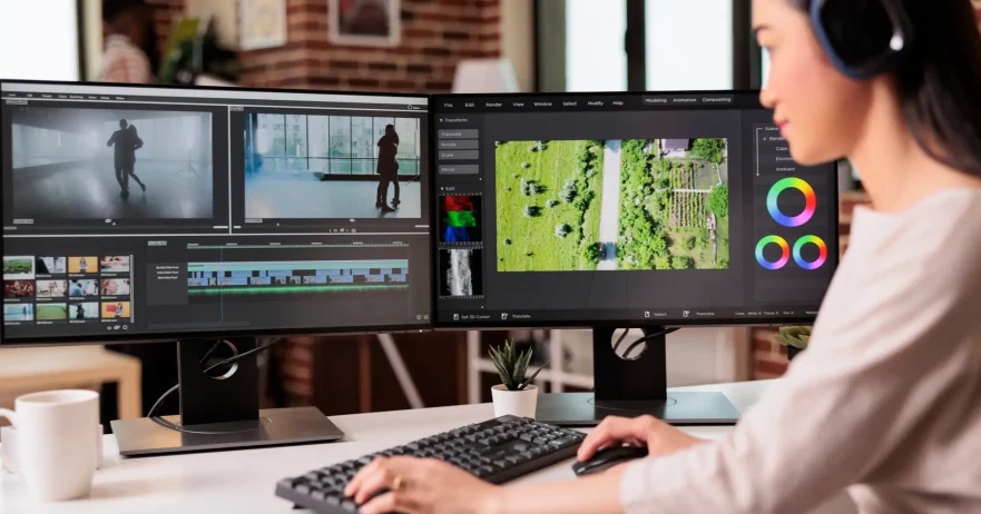 Video editor editing audio film montage with post production software on computer. Videographer working on movie footage edit with color grading and visual or sound effects at home.